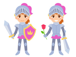 Cute girl knight with sword and rose