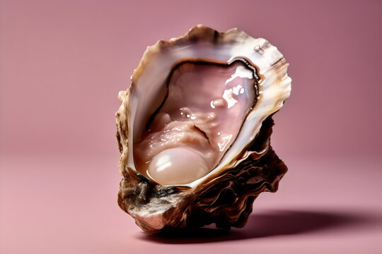 oyster shell with large pearl representing vulva, femininity, on pink background with copy space, made with generative ai