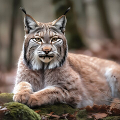 Naklejka na ściany i meble Lynx (Lynx Lynx) in a wintry setting in the forest, with snowfall, ai generated