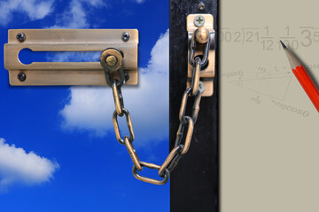 Chains on the door and outside the door is the sky and inside the door is a pencil and equation...