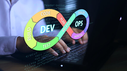 Agile programming and DevOps concept. Engineer working on laptop with virtual screen. IT operations, high software quality and software development.