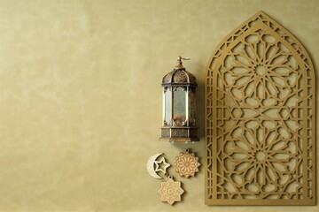 Background for Ramadhan, Eid al Fitr. Eid Mubaral and Moslem Festive theme.  Top view angle