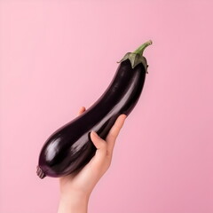 hand holding long eggplant representing penis, masculinity, on pink background, made with generative ai