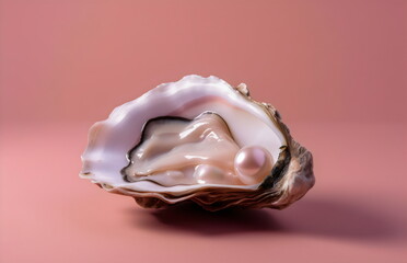 oyster shell with pearl representing vulva, femininity, on pink background, made with generative ai - obrazy, fototapety, plakaty
