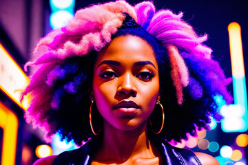 A beautiful stylish african american woman portrait, city street as background. Generative AI.