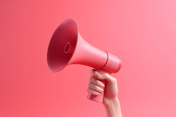 pink megaphone held up on on plain pink background, made with generative ai - obrazy, fototapety, plakaty