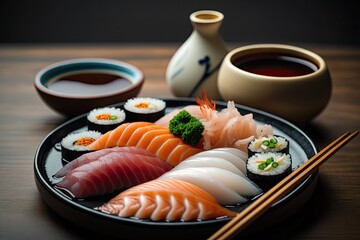Fototapeta na wymiar delicious plate of sushi served with traditional chopsticks on a wooden table. Generative AI