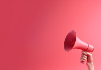 hand holding megaphone on plain pink background, with copy space, made with generative ai