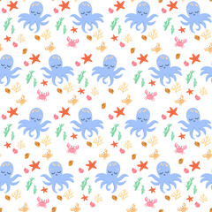 Seamless sea pattern with funny octopuses