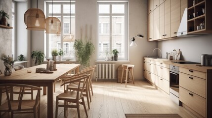 Fototapeta na wymiar Modern Interior Designer Kitchen with Natural Lighting and Wide-Angle Shot. Generative AI