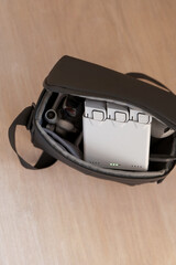 Drone travel bag with battery charging for drone