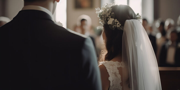 View from behind of a beautiful bride and groom on their wedding day. Generative ai