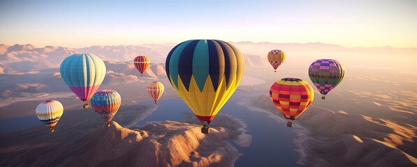 Obraz premium colorful air ballon over mountains, generative ai