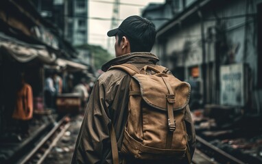 Fototapeta na wymiar Backpacker traveller walking on a street, generative ai
