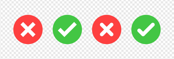 check mark icon button set. check box icon with right and wrong buttons and yes or no checkmark icons in green tick box and red cross. vector illustration - obrazy, fototapety, plakaty