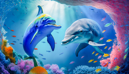 group of dolphins in colorful underwater, AI generative