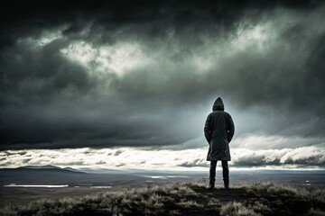 lone figure standing atop a windswept hill, gazing up at a stormy sky. Generative AI