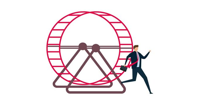 4k animation of Exit rat race, confident smart businessman running from opening exit door from trapped rat race wheel.