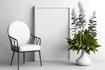 Empty vertical frame mockup in modern minimalist interior design with plant in trendy vase, lamp and book on white wall background. Template for artwork, painting or poster, Generative AI