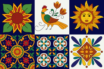 Mexican Talavera Ceramic Tiles. Spanish Maiolica. Colorful decorative stickers for tiles with bird, Sun and flowers. Mexican folk art.