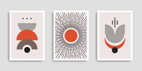 Minimalist wall art set. Contemporary posters with geometric shapes in style boho. Collection wall prints for home decor in pastel colors. Vector illustration. Design for print poster, cover.