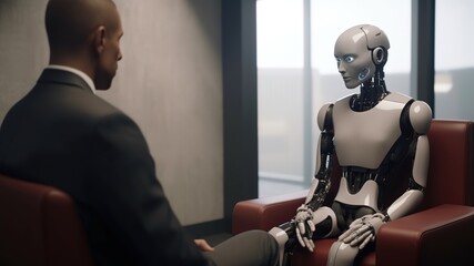 Fototapeta na wymiar Interview between human and artificial intelligence. A robot interviews a person.Man and AI robot waiting for a job interview