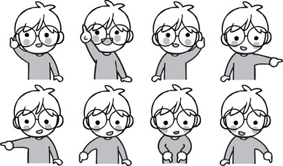 色々な方向を指さす眼鏡の男の子のイラストセット　モノクロ