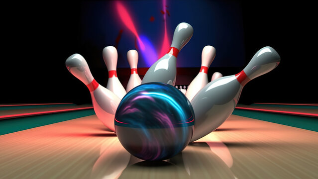 Picture of bowling ball hitting pins scoring a strike. Bowling background. Bowling 3D Rendering.	
