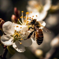 A Beautiful Act of Nature: Pollination by a Busy Bee on a Colorful Flower in Springtime - Created with generative AI