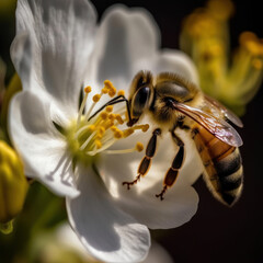 Springtime Pollination: A Close-Up View of a Bee and Flower Highlighting Nature's Vitality - Created with generative AI