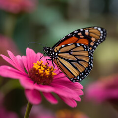 Close-up of Monarch Butterfly Resting on a Pink Flower with Blurred Green Background- Created with generative AI