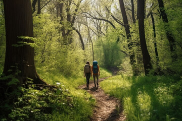 Fototapeta na wymiar Springtime Hiking Adventure: Couple Exploring Lush Forest- Created with generative AI