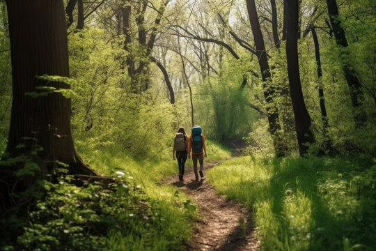 Springtime Hiking Adventure: Couple Exploring Lush Forest- Created with generative AI