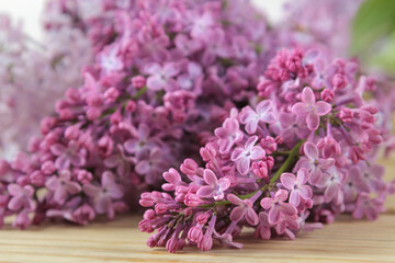 Spring twigs of lilac close-up on a natural wooden table.