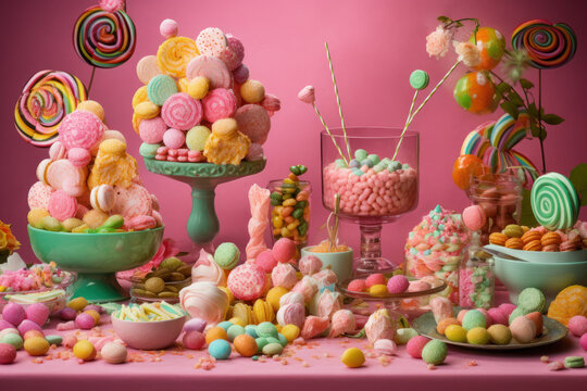 Dive into a captivating world of delight with this vibrant display of pink and green candies, perfect for evoking joy and whimsy in any project. -created with generative AI
