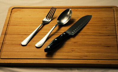 knife and fork on wooden table