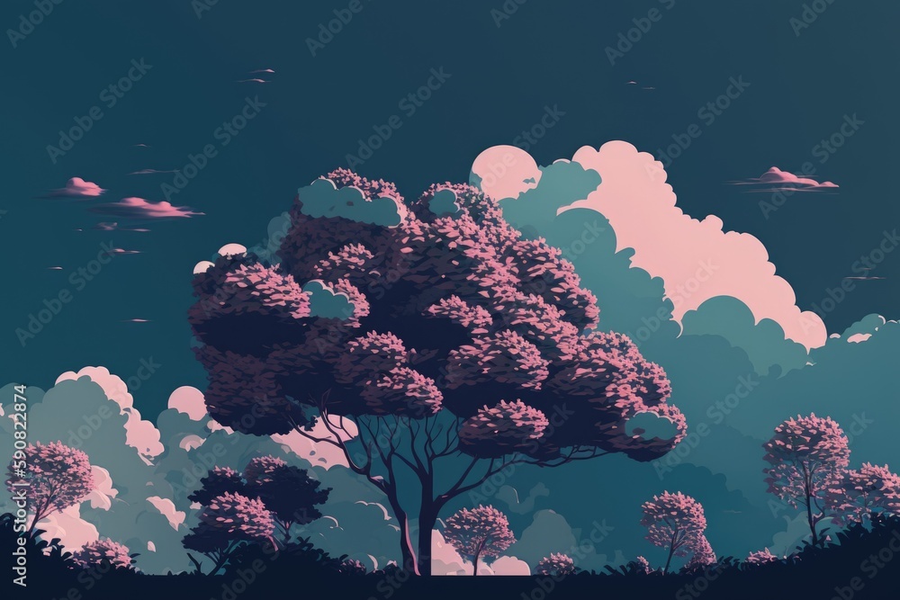 Poster lone tree standing in a vast open field. generative ai