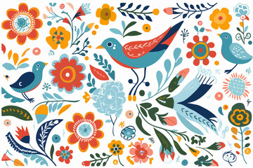 Spring flower and bird pattern, nature-inspired motifs, leaf patterns