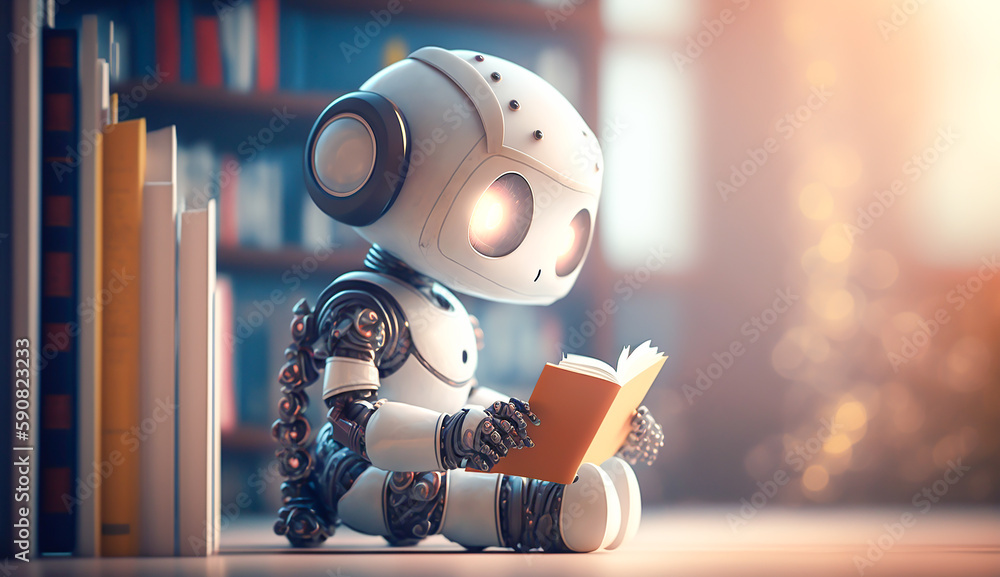 Wall mural ai robot reading book in library, ai generative - Wall murals