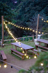 Vintage light bulb strings hanging above outdoor restaurant                                    