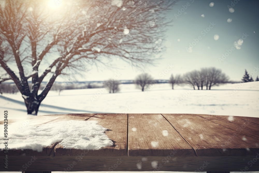 Canvas Prints winter picnic table with a snow-covered tree in the background. Generative AI