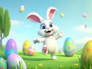 easter day poster, cute bunny character smiling happily, decorated with scenery and easter eggs. generative ai