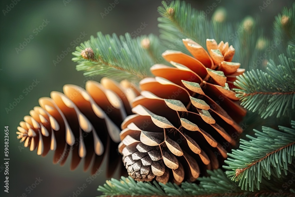 Poster close-up view of a pine cone hanging from a tree branch. generative ai