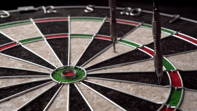 Three darts hit the dartboard. Unlucky - none of the darts hit the bull's eye. The concept of loss and failure. Close-up, angled view