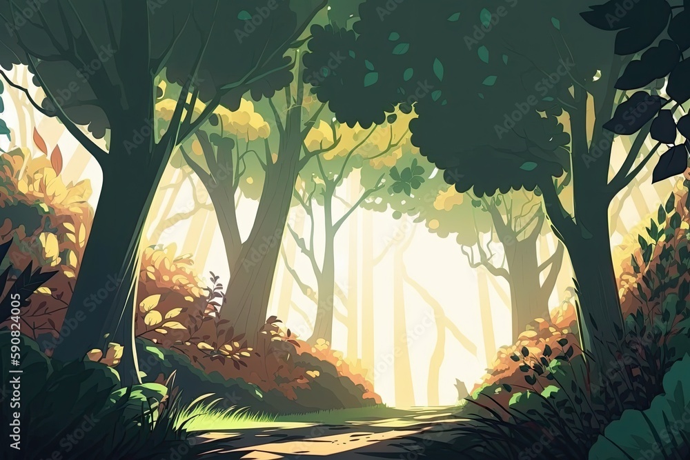 Poster peaceful forest path with trees and sunlight filtering through the leaves. generative ai