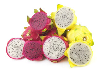 Assortment of different pitahaya fruits isolated on white.