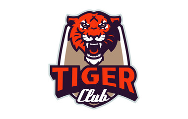 Sports logo with tiger mascot. Colorful sport emblem with tiger mascot and bold font on shield background. Logo for esport team, athletic club, college team. Isolated vector illustration
