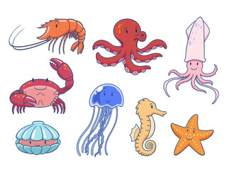 Set of cute sea animals. Vector illustration.