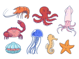 Fototapete Meeresleben Set of cute sea animals. Vector illustration.