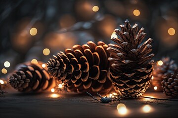 pine cones arranged on a rustic wooden tabletop. Generative AI